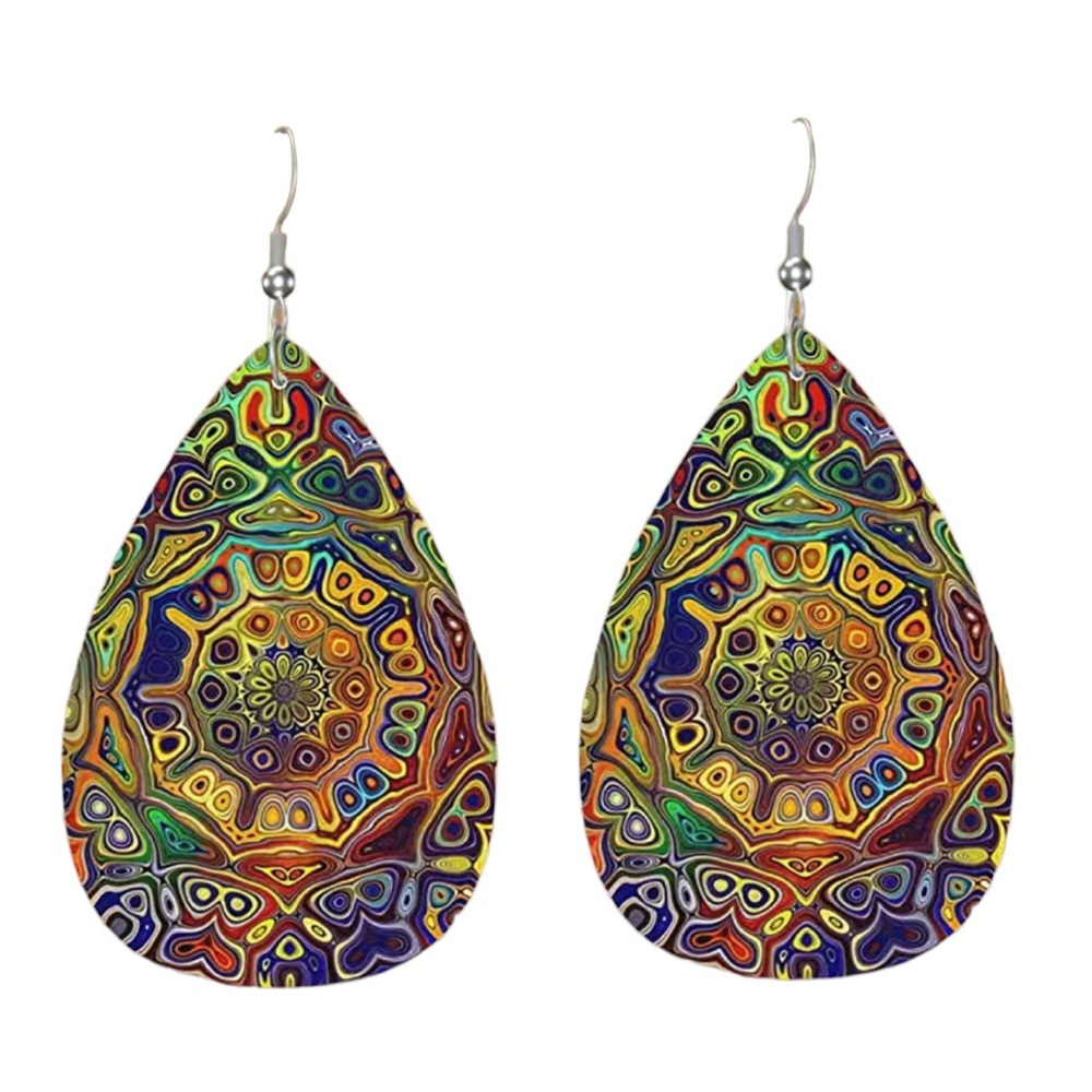 Boho Leather Colorful Mosaic Teardrop Earrings
